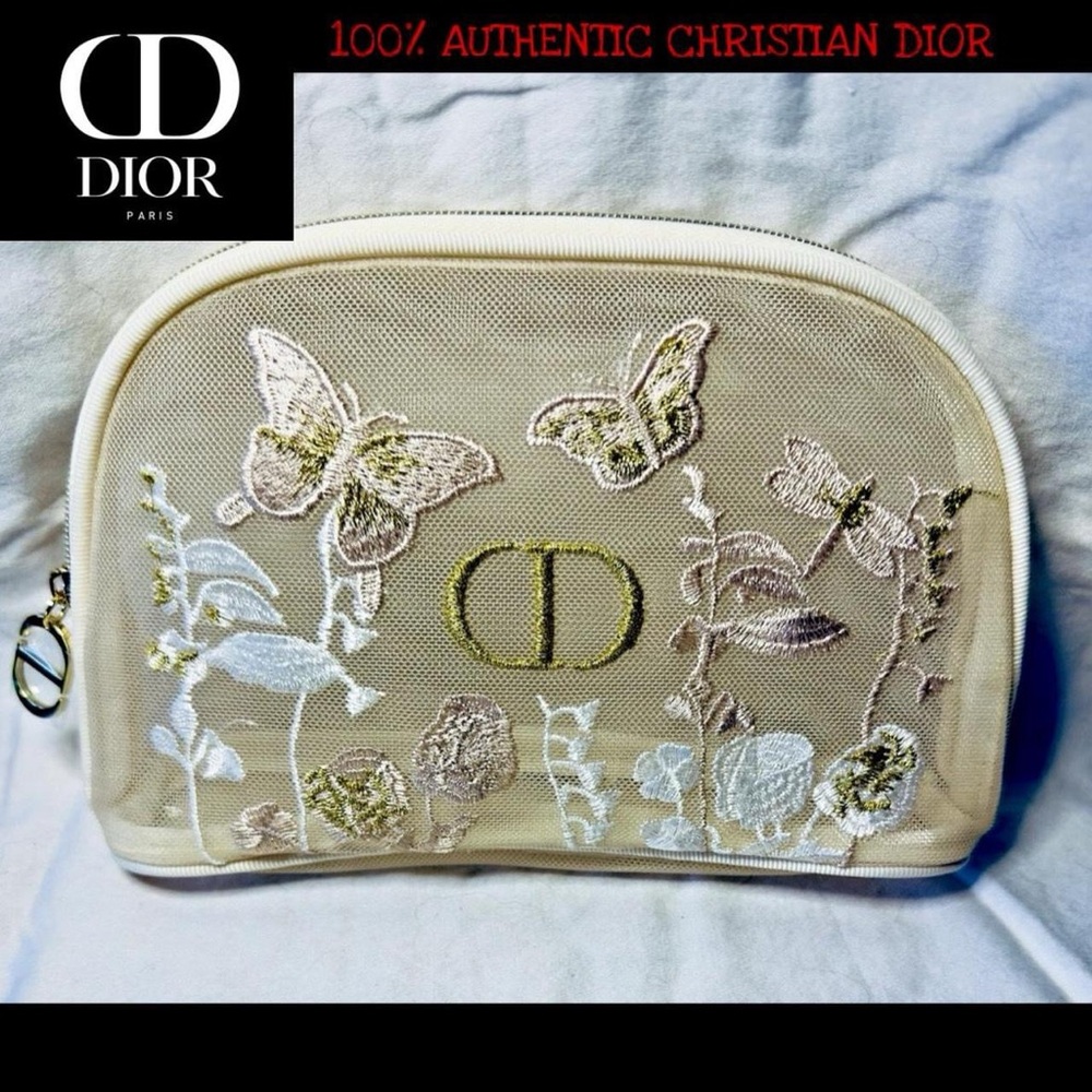 100% Authentic Christian Dior Gwp mesh embroidered cream butterfly flower pouch